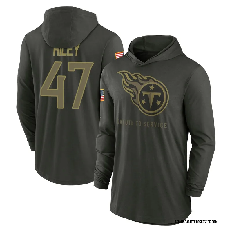 Youth Cam Riley Tennessee Titans Green Forest/ 2025 Salute to Service Sideline Lightweight Hooded Pullover Long Sleeve T-Shirt