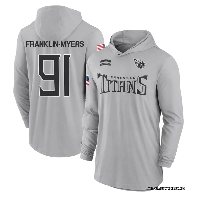 Youth John Franklin-Myers Tennessee Titans Gray 2024 Salute to Service Lightweight Performance Long Sleeve Hooded T-Shirt