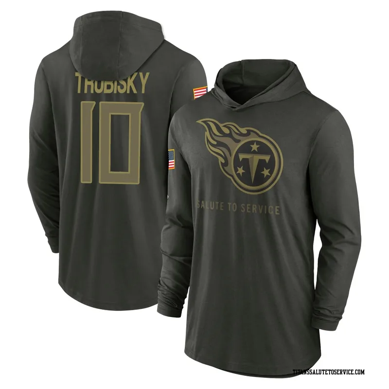 Youth Mitchell Trubisky Tennessee Titans Green Forest/ 2025 Salute to Service Sideline Lightweight Hooded Pullover Long Sleeve T
